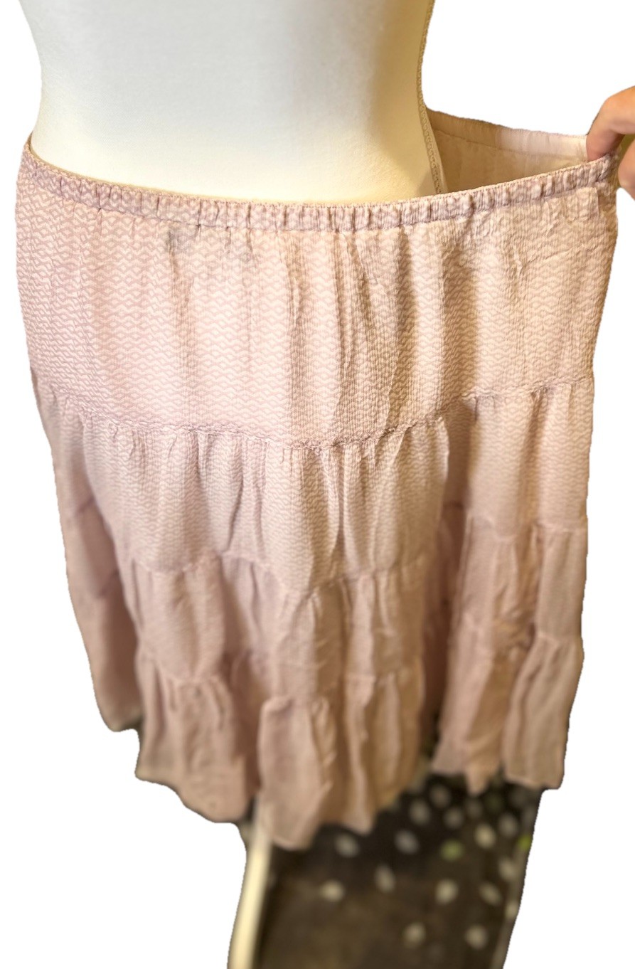Vintage Intuitions 100% Silk Tiered Ruffle Midi Skirt Blush Pink Geometric L