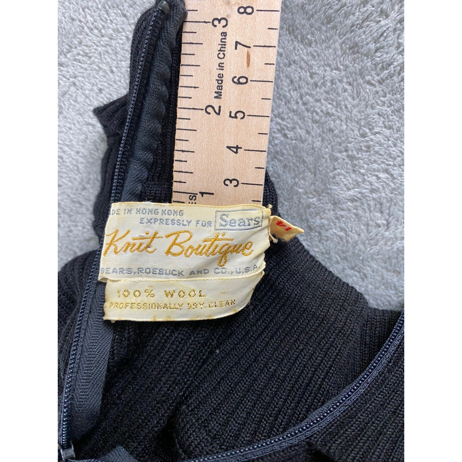 Vintage Sears Knit Boutique Black 100% Wool Turtleneck Ribbed Midi Dress 14