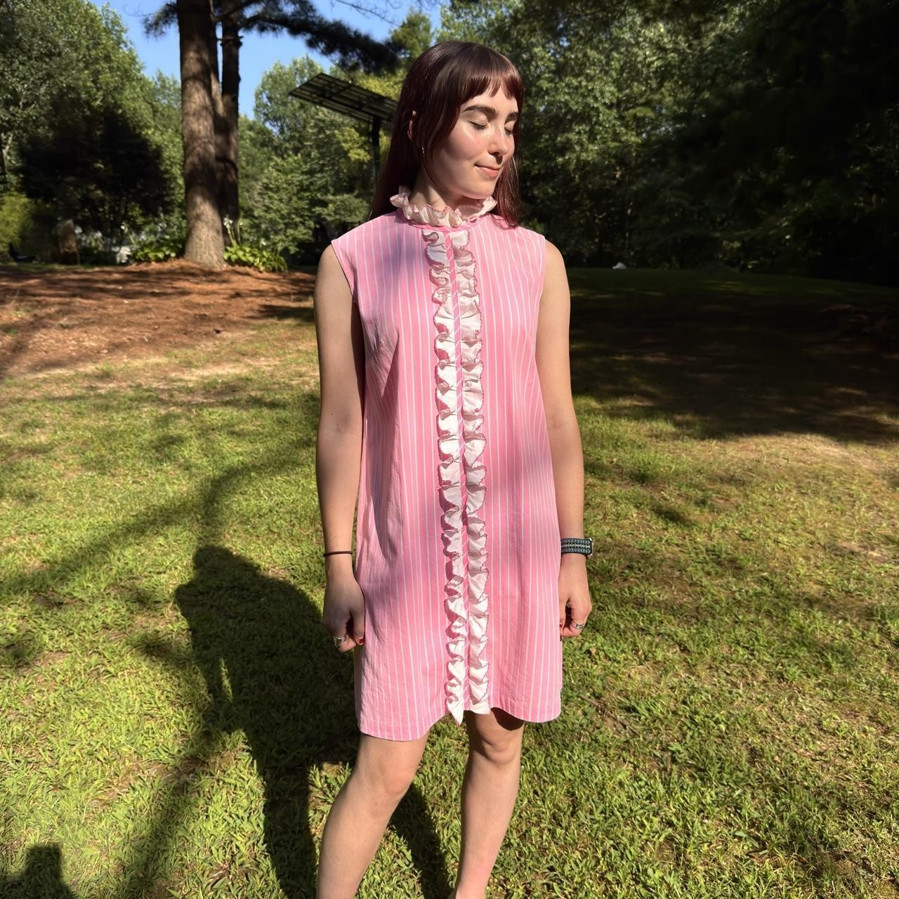 60s mod bubblegum pink candy stripe cotton mini dress w/ fun ruffle collar