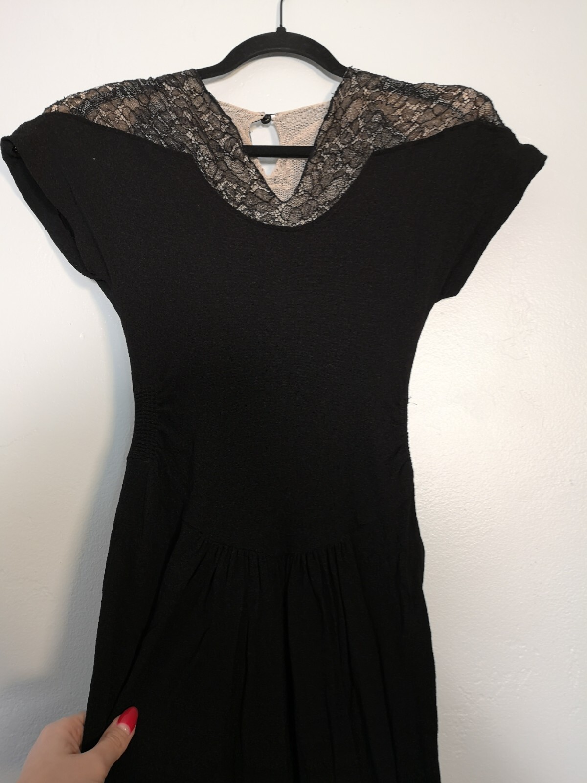 Vintage 1940s 30s Black Dress Nude Illusion Crepe Evening Gown Shoulder Pads
