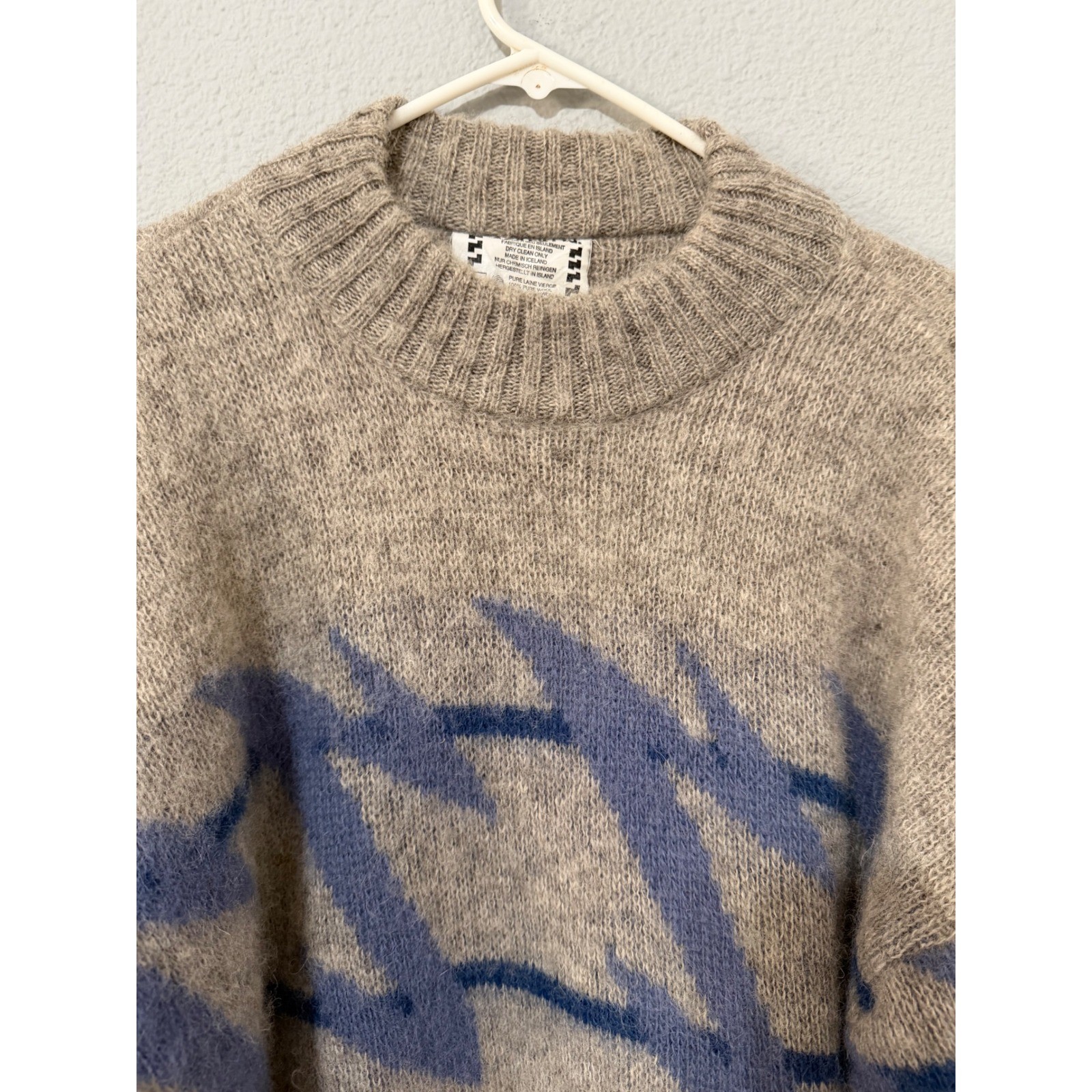 Les-Knit Ltd Vintage 80s 100% Pure Wool Sweater L Blue Oatmeal Icelandic Nordic