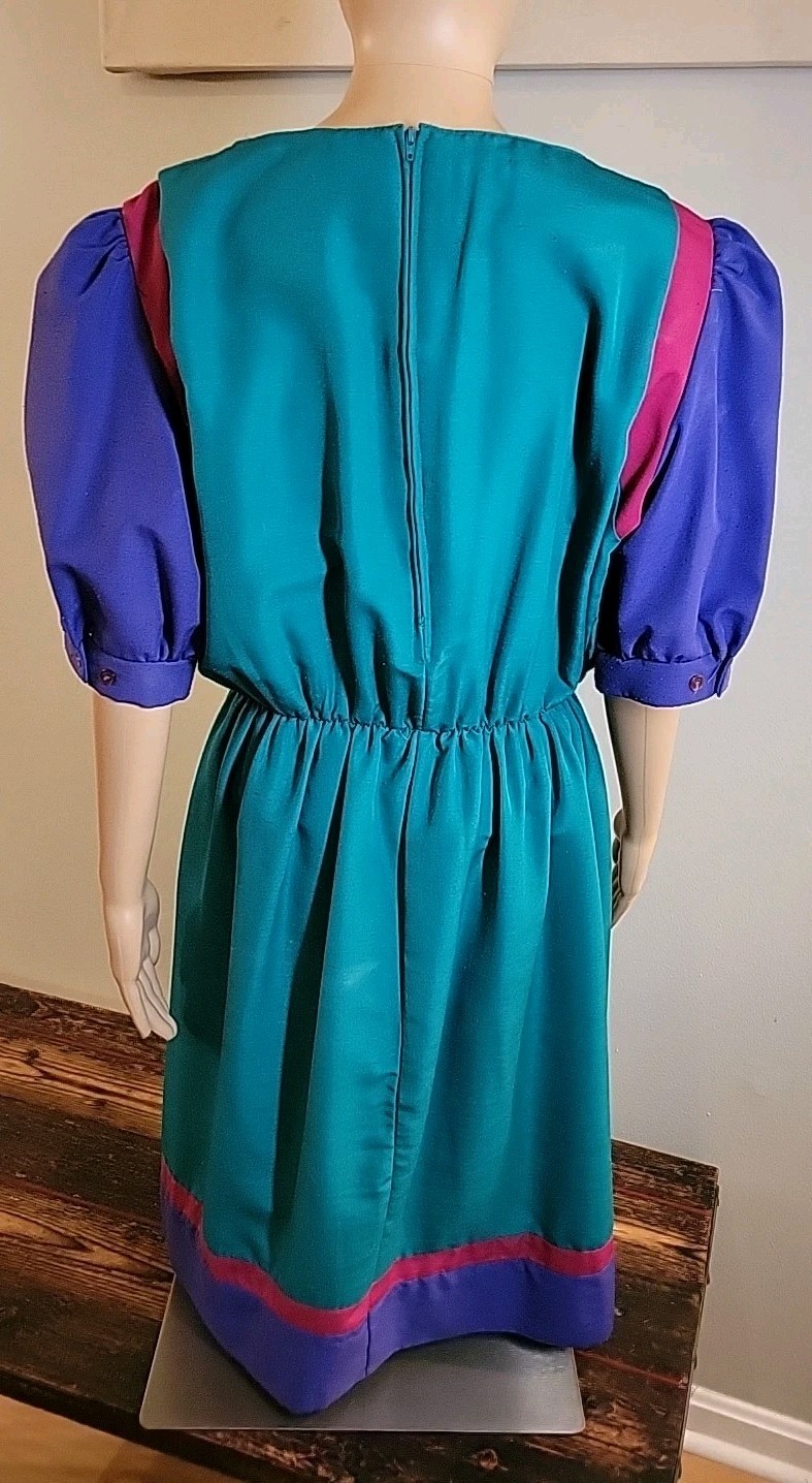 Vtg Lady Carol Colorblock Dress Green Purple Cinched Waist Zip Size M L ***Read