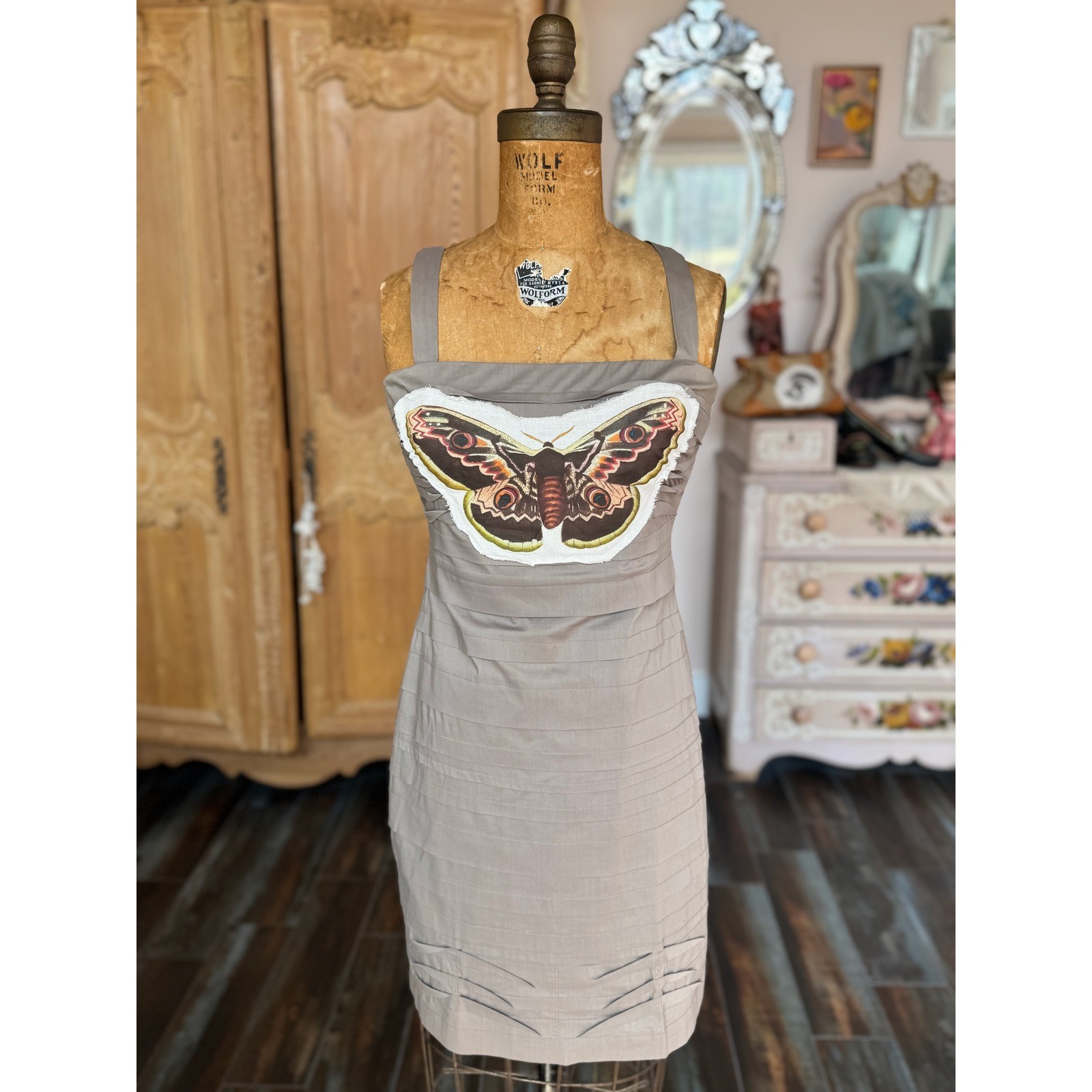Upcycled BCBG Dress Moth Patch Bodycon Folk Art Whimsygoth Mini Size 2