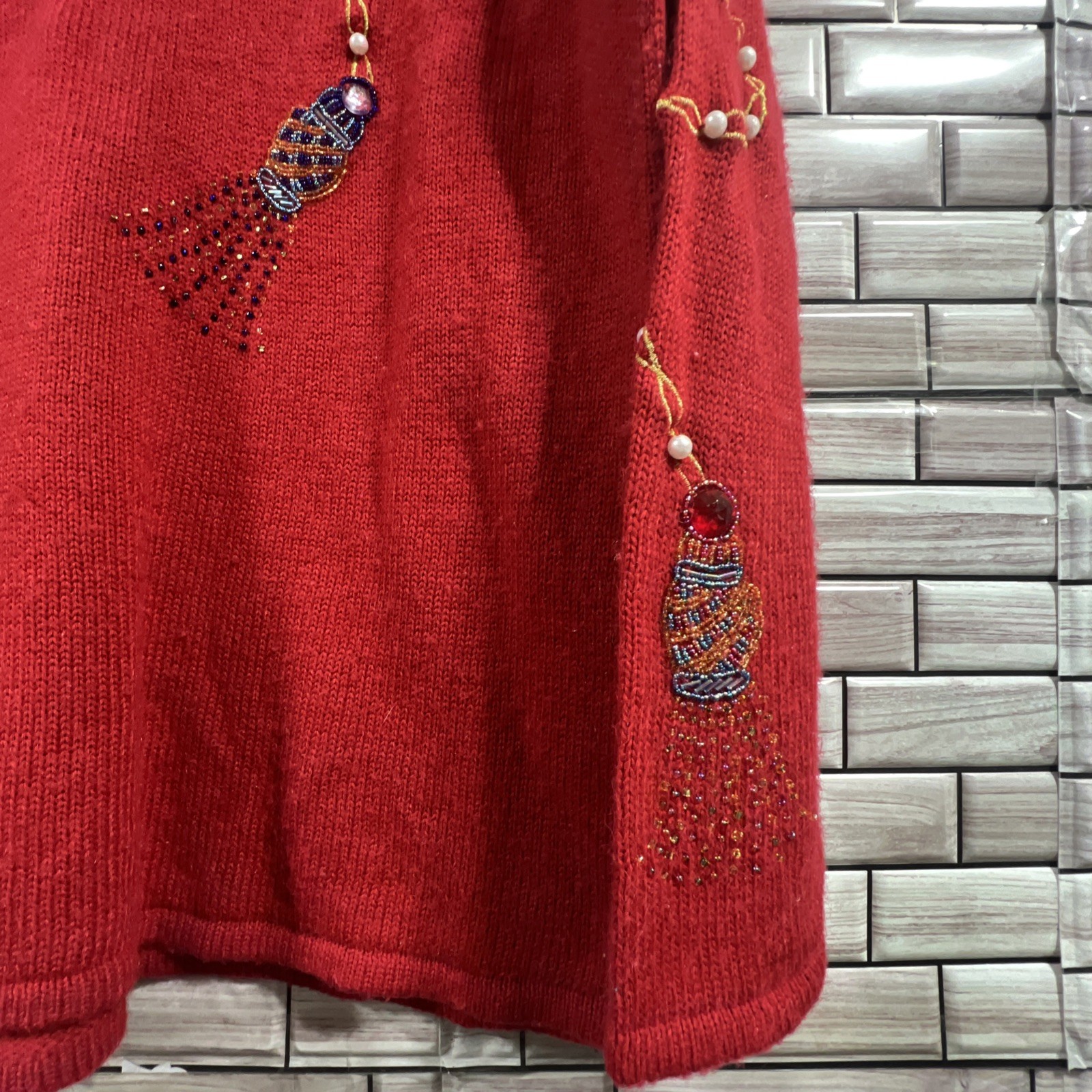 VTG Western Connection womens S tunic Sweater Red pearls beaded v neck 80s Retro