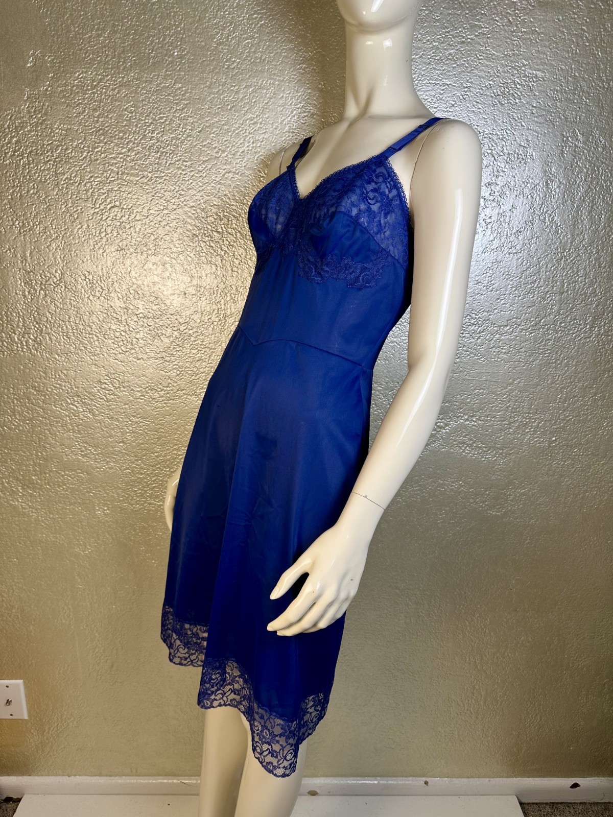 Vintage 1950’s LAROS Bright Blue Dress Slip Nylon Nightgown Sheer Lace S/M