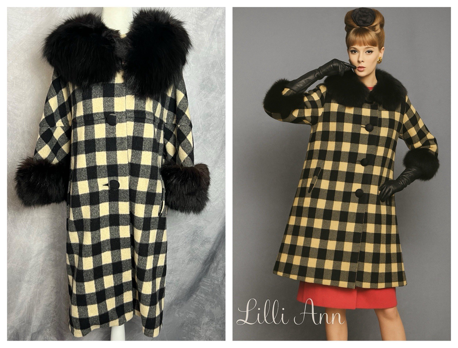 Vintage 1960s Lilli Ann Coat Black Ivory Plaid Wool Swing Coat Fur Collar Cuffs