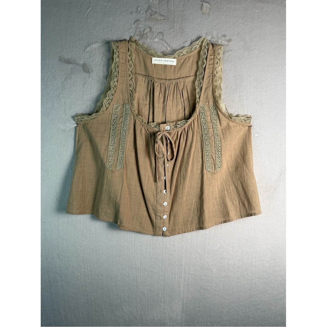 Stitch Feather Boho Lace Trim Tank Top Cotton Cottagecore Beige Large