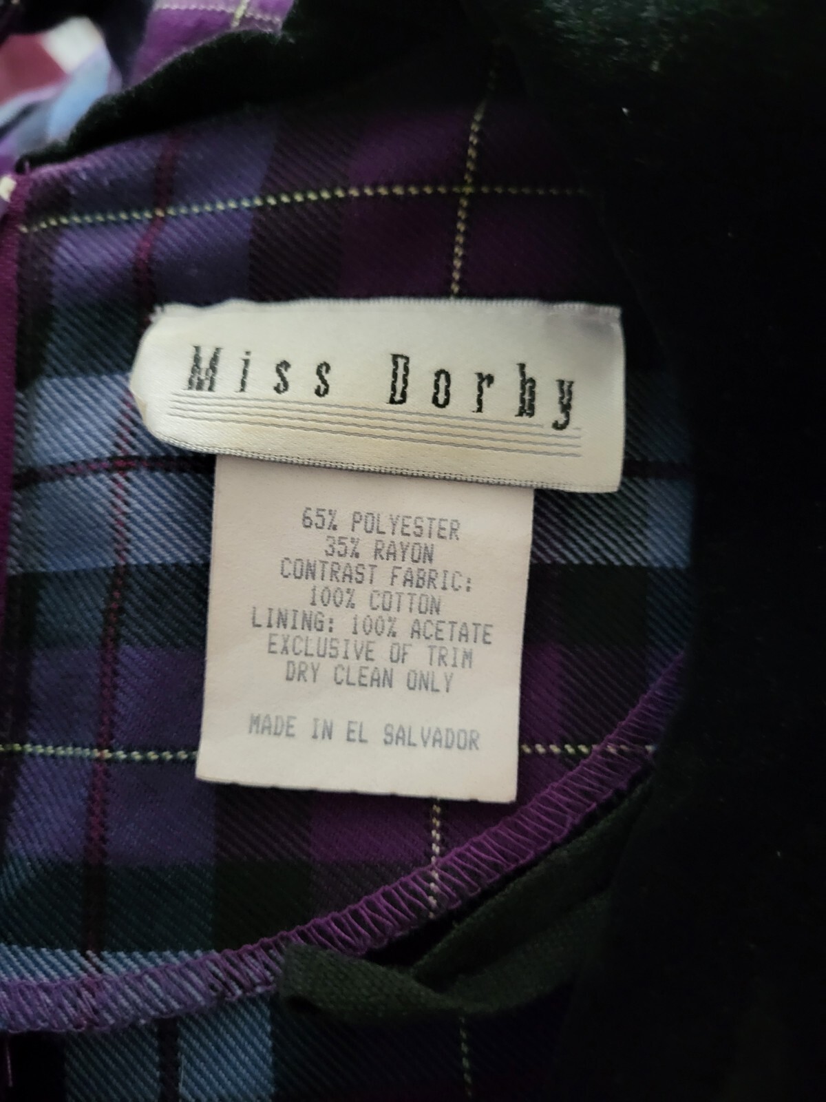 Vtg Miss Dorby 90’s Dress Midi Purple Blue Plaid Velvet Buttons Collar Sz 16