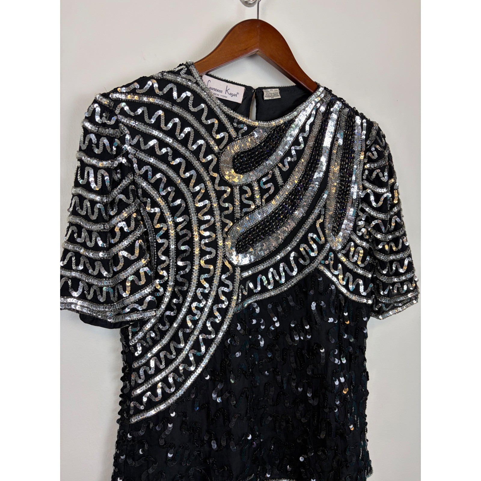 Laurence Kazar Sequin Top M Black Silver Vintage Beaded Silk Evening Party Glam