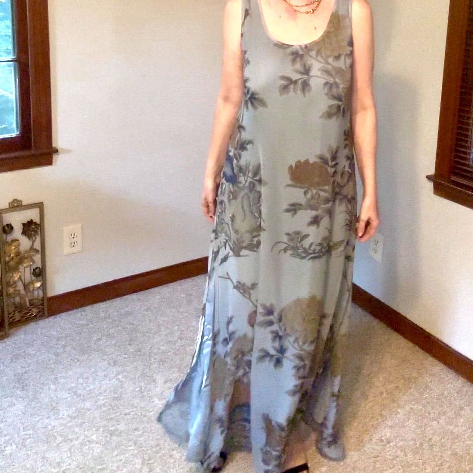 Vtg 90s Citron Santa Monica Silk Floral Maxi Dress Pale Blue Floaty Romantic M