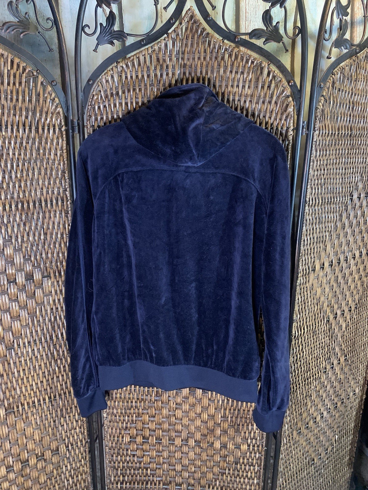 Vintage Juicy Couture Y2K Velour Navy Full Zip Jacket with Rhinestone Zipper
