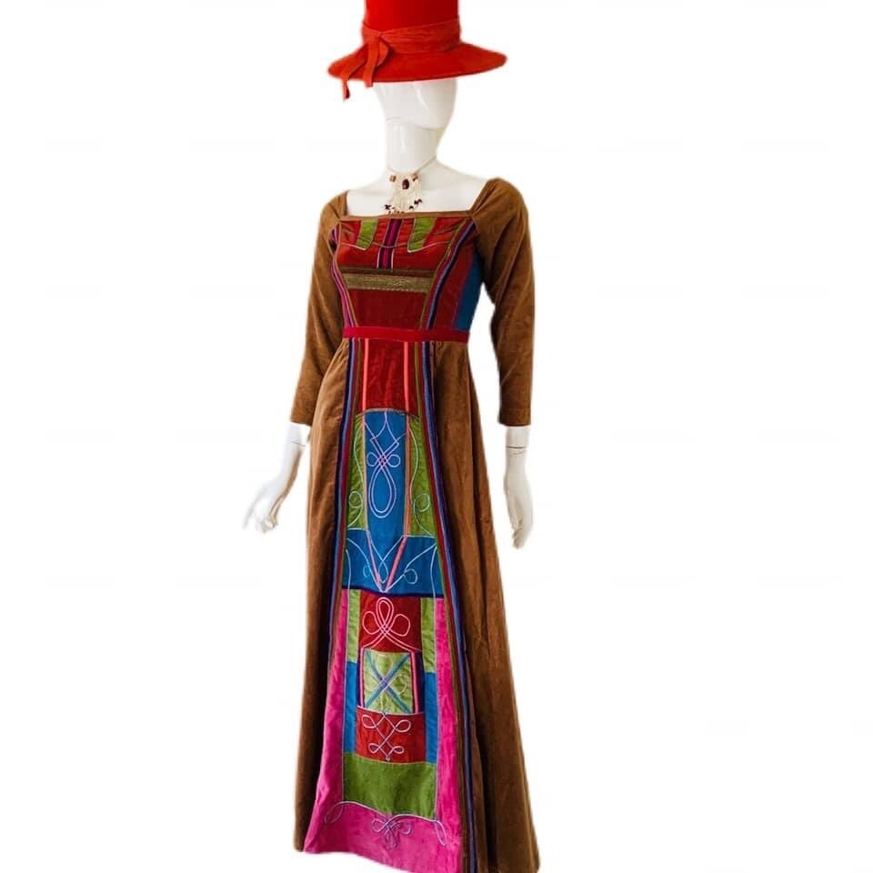 Vtg 60’s-70’s Corduroy Patchwork Renaissance Revival Prairie Dress