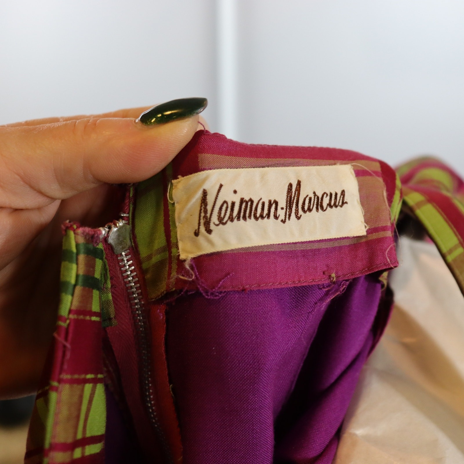 Vintage Neiman Marcus Plaid Silk Dress Pink Green Belted Fit & Flare