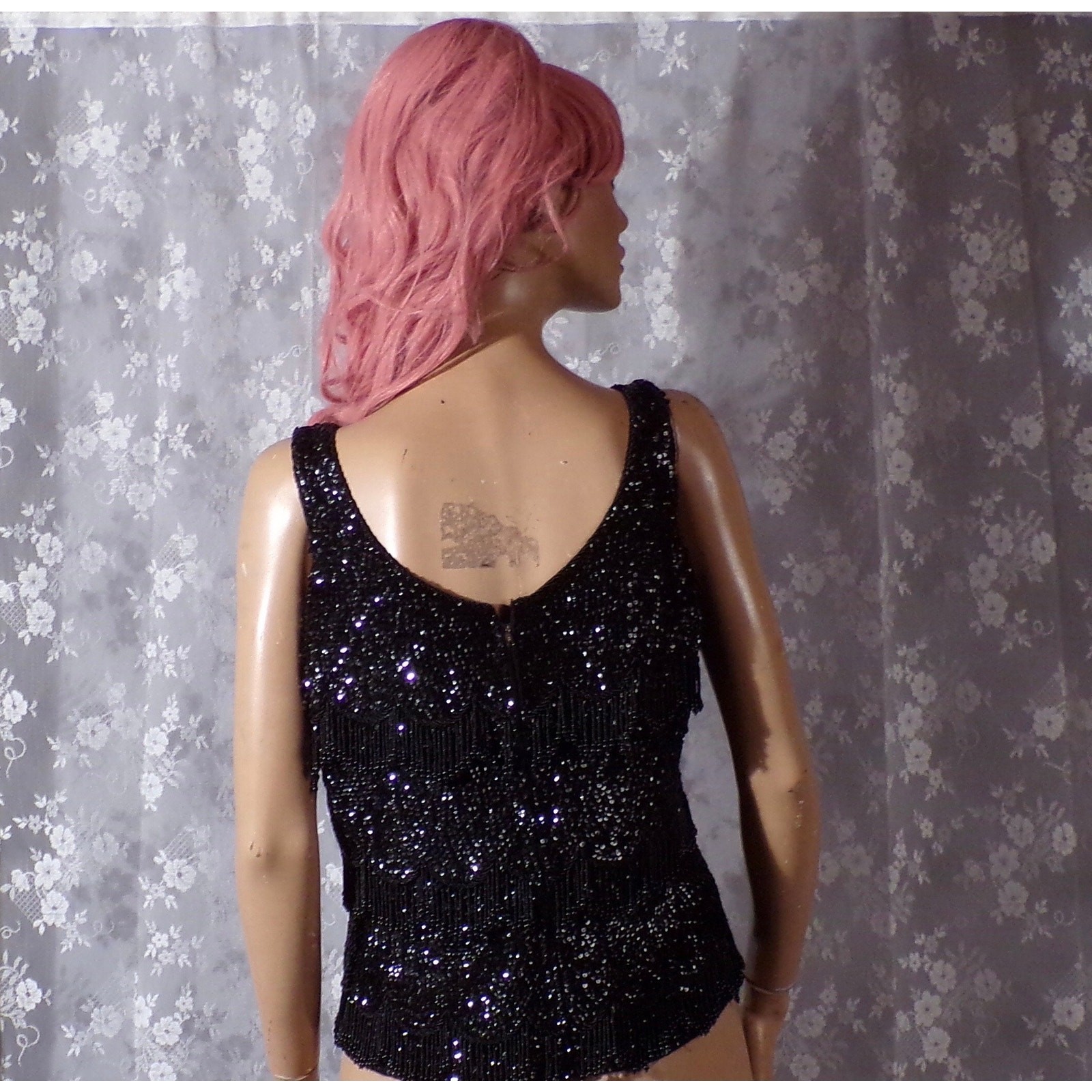 Vintage 60s Sequin Top Size Medium 1960s Retro Black Mod Cocktail Glam New Years
