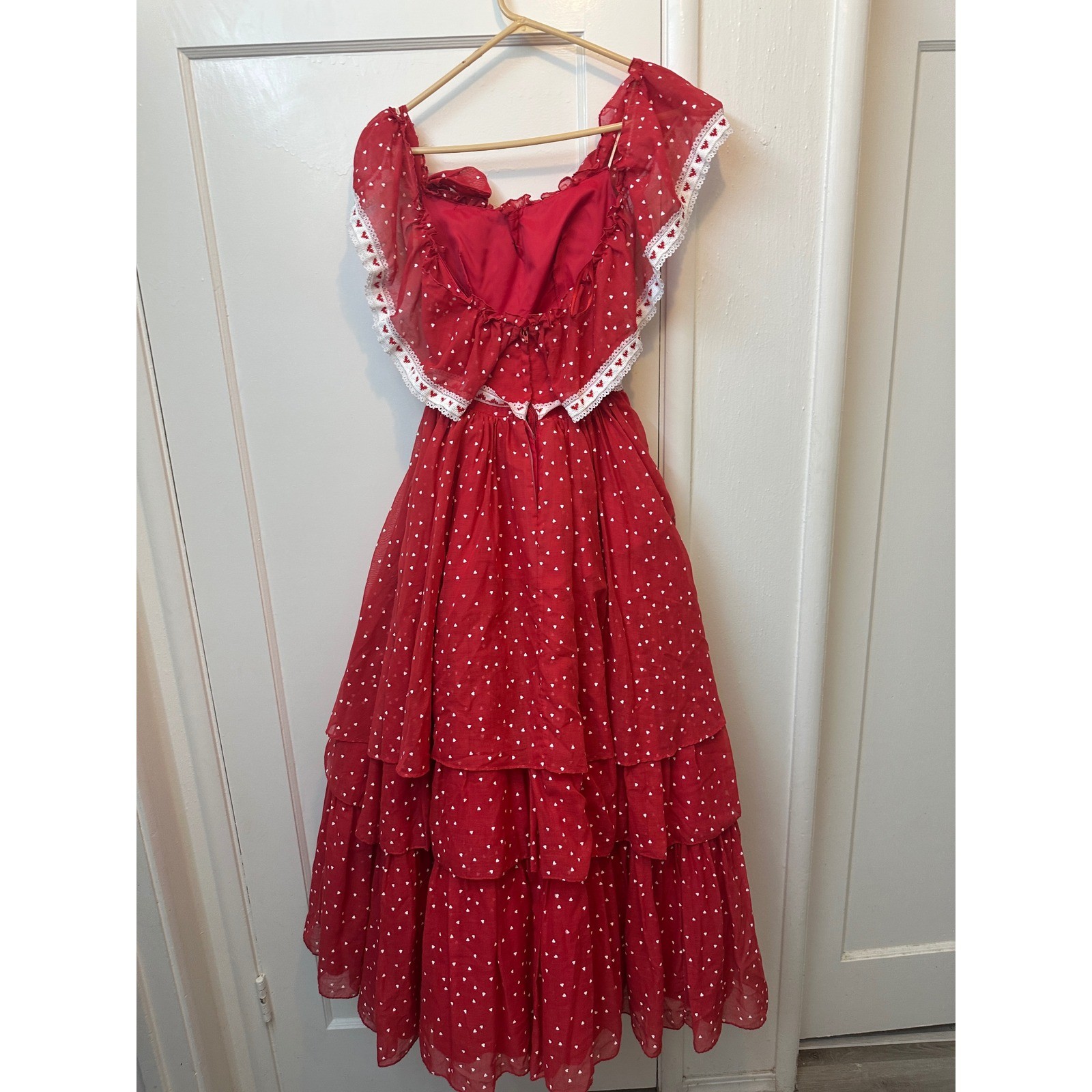 Flirtations VTG Red Heart Print Tiered Maxi Dress Lace Trim Ruffle 7/8 Red White