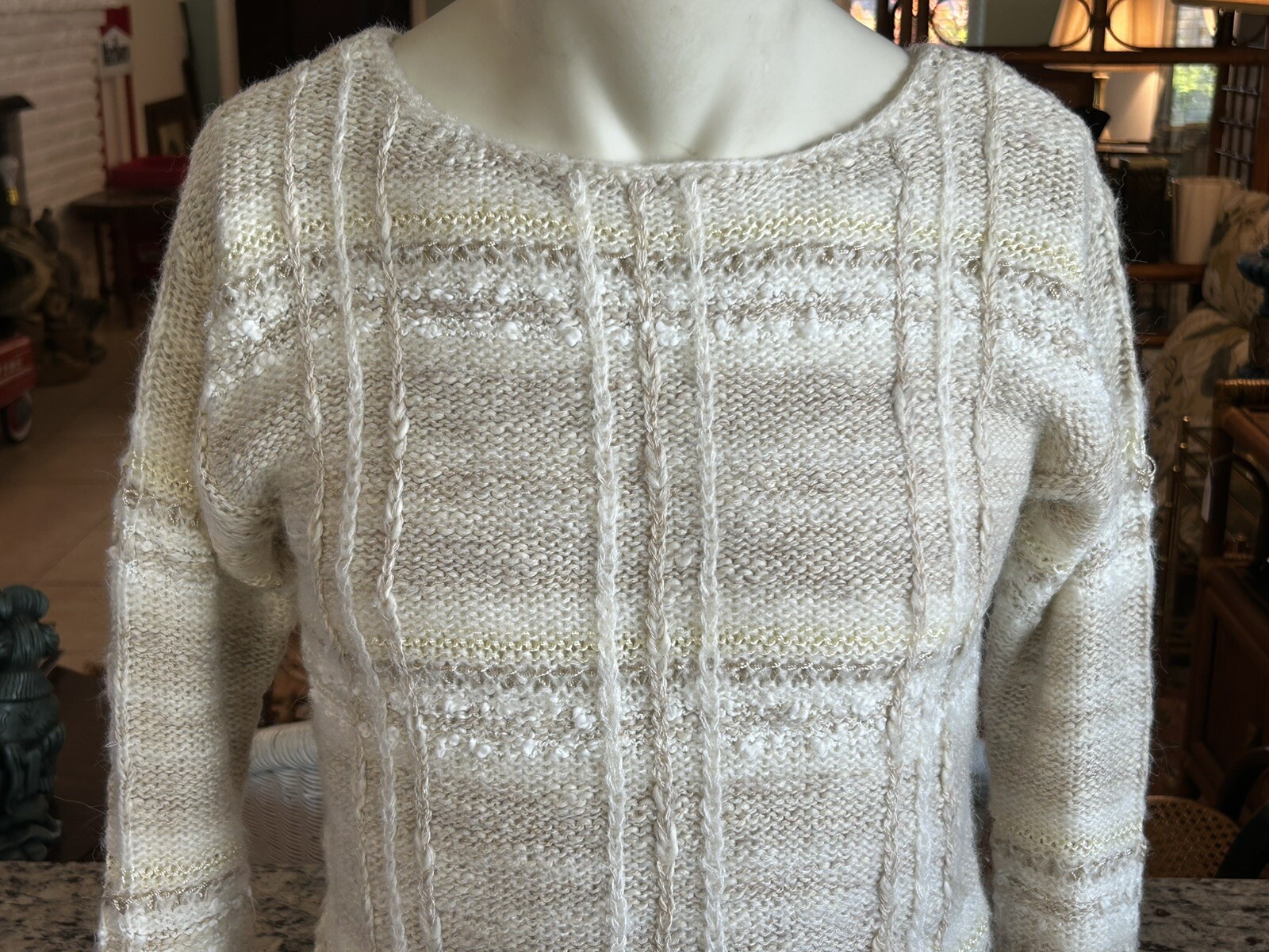 Vintage Beldoch Popper Knit Acrylic Sweater Junior L Women’s S Beige Tan White