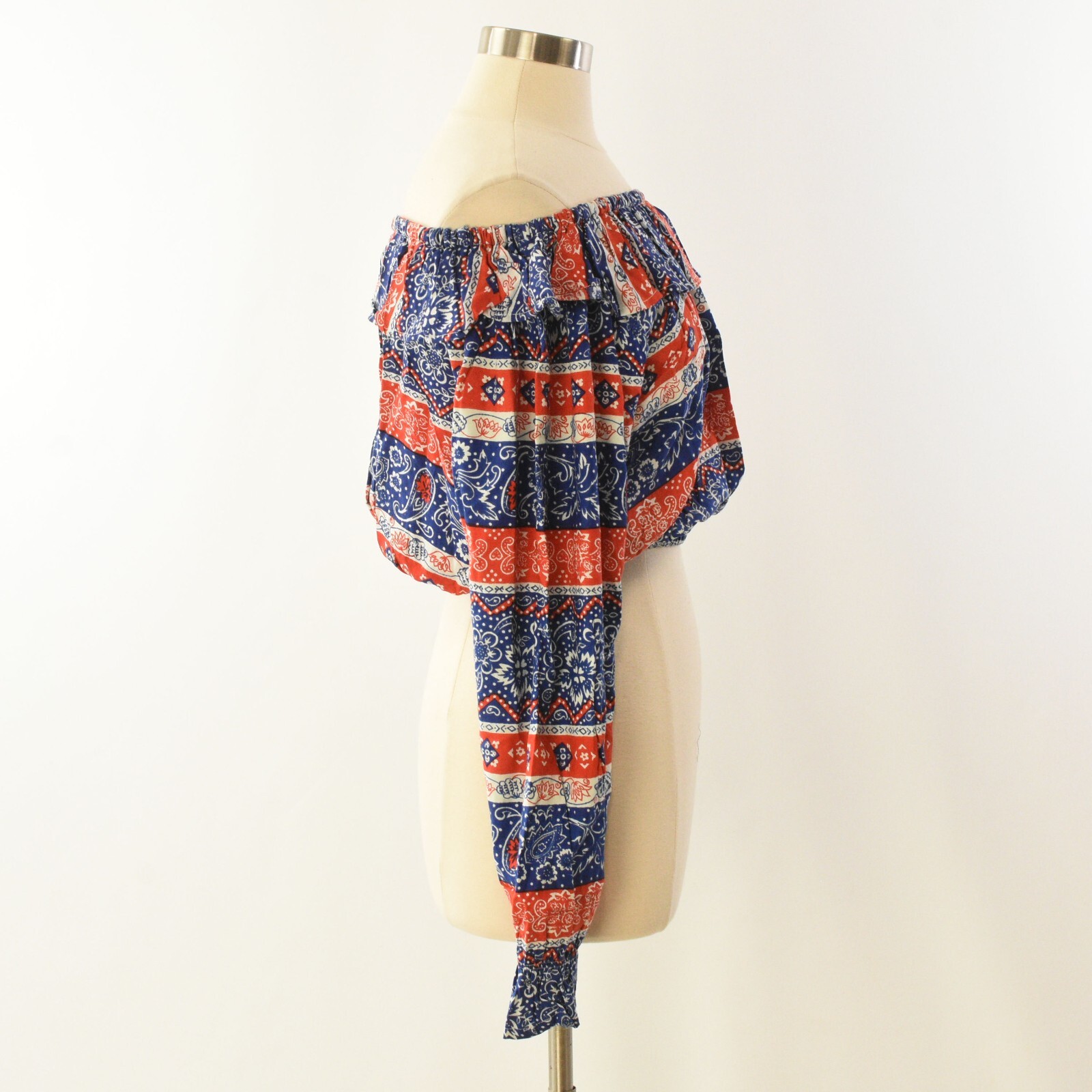 1990s Bonjour Red White Blue Striped Bandana Print Crop Top L