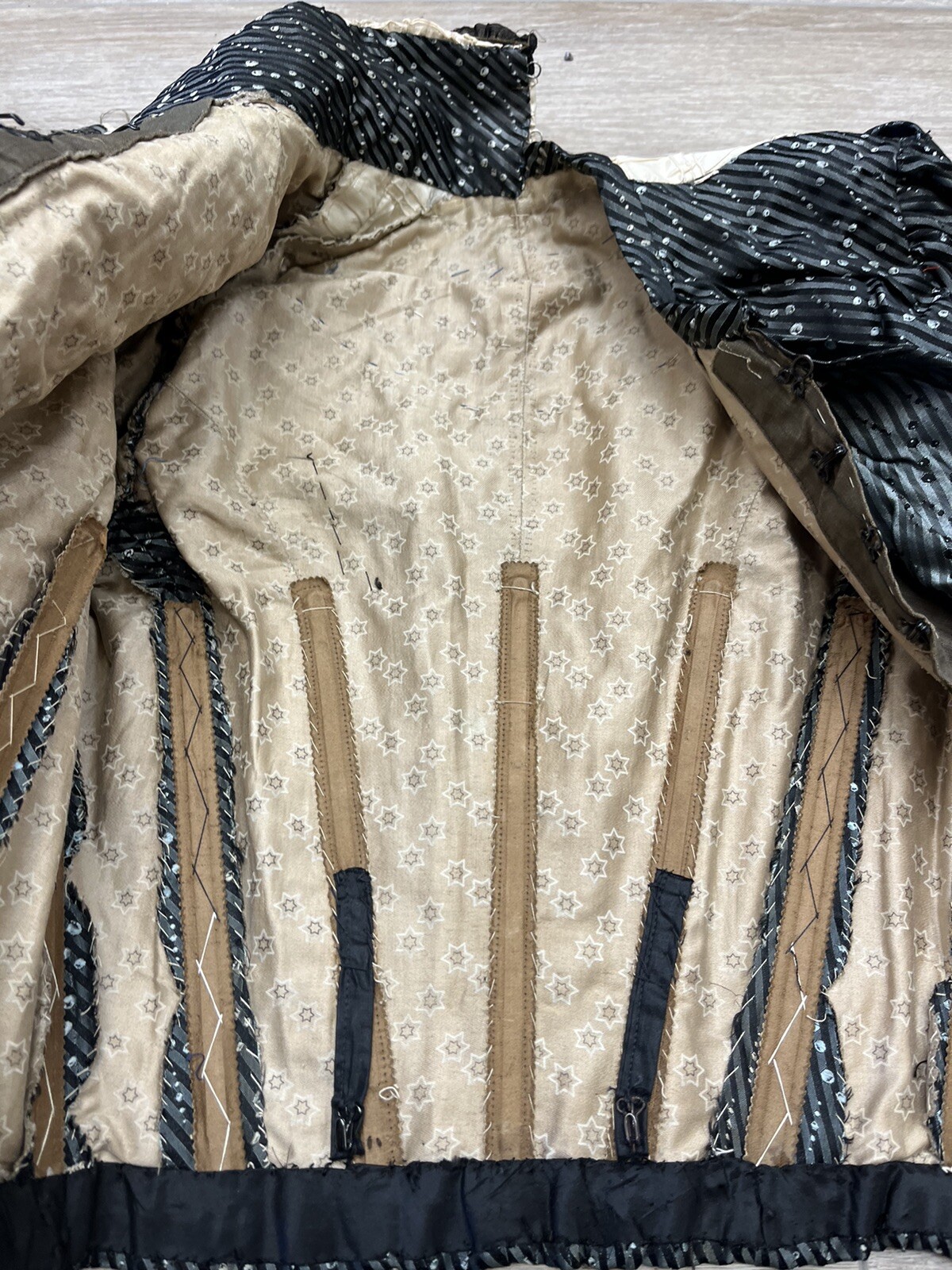Antique Victorian Black Silk Jacquard Bodice Stripes and Bubble Pattern AS IS