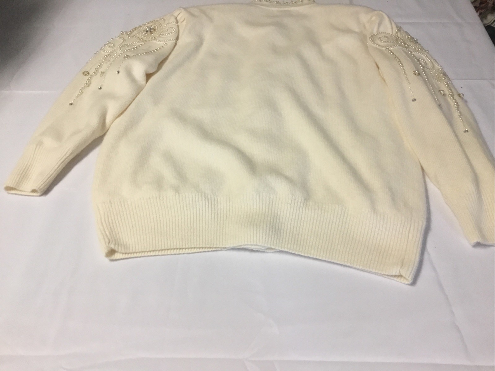 Vtg Belldini CardiganSweater Beaded WoolAngoraNylon L Ivory Shoulder Pads Lined