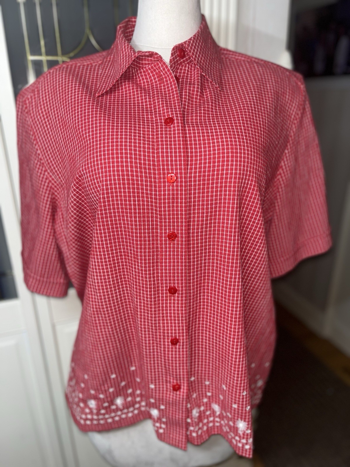 TanJay 18W Red White Gingham Embroidered Button Front Blouse Plus Size Retro