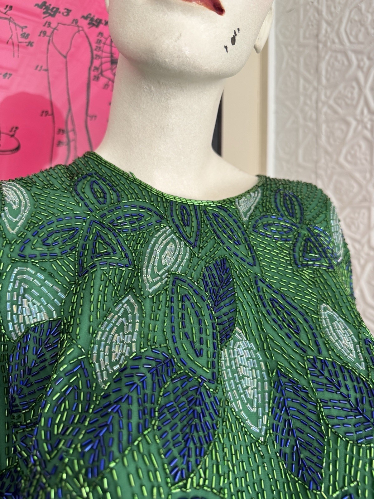 1980s Green Beaded Chiffon Cocktail Dress-Floral-Foliage-Glam-Hollywood-S/M
