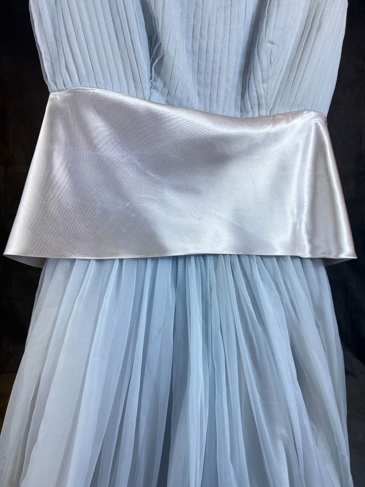 VTG 1950s Pale Blue Pleated Chiffon Satin Dress Tulle Petticoat McDonalds XS – S