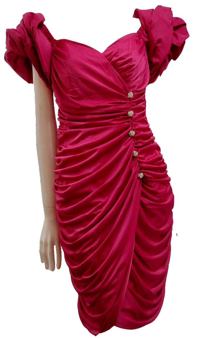 80s Couture Dress Pink Fuchsia Balloon Sleeve Rhinestone Buttons SAMIR 80s M