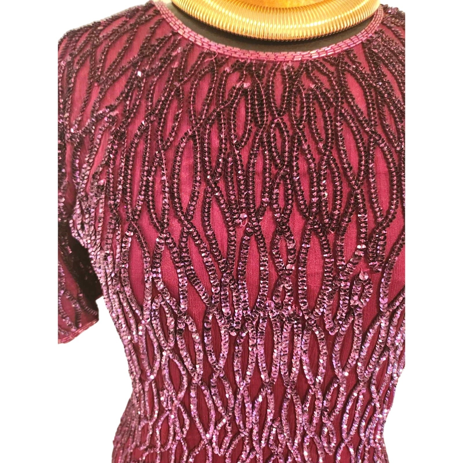 Vintage 1980s Sweelo Beaded Sequin Burgundy Purple Silk Short Sleeve Dress Sz 8
