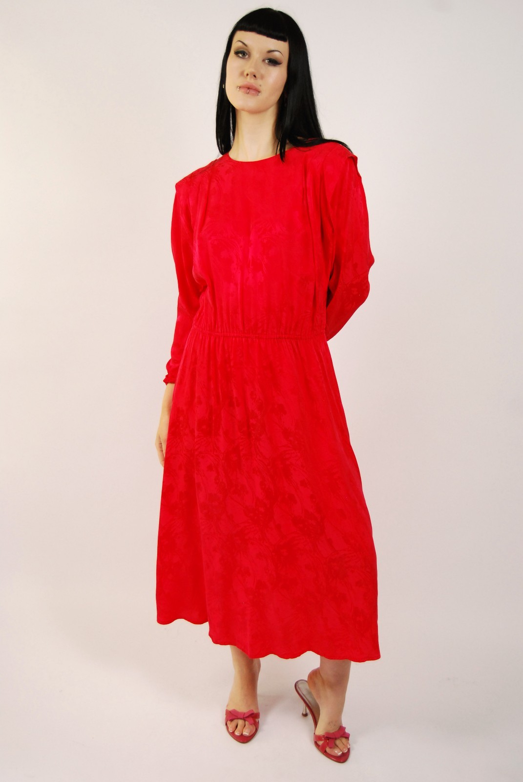 80s Blouson Dress (L) large red vintage midi silks by Nilani candy apple chic