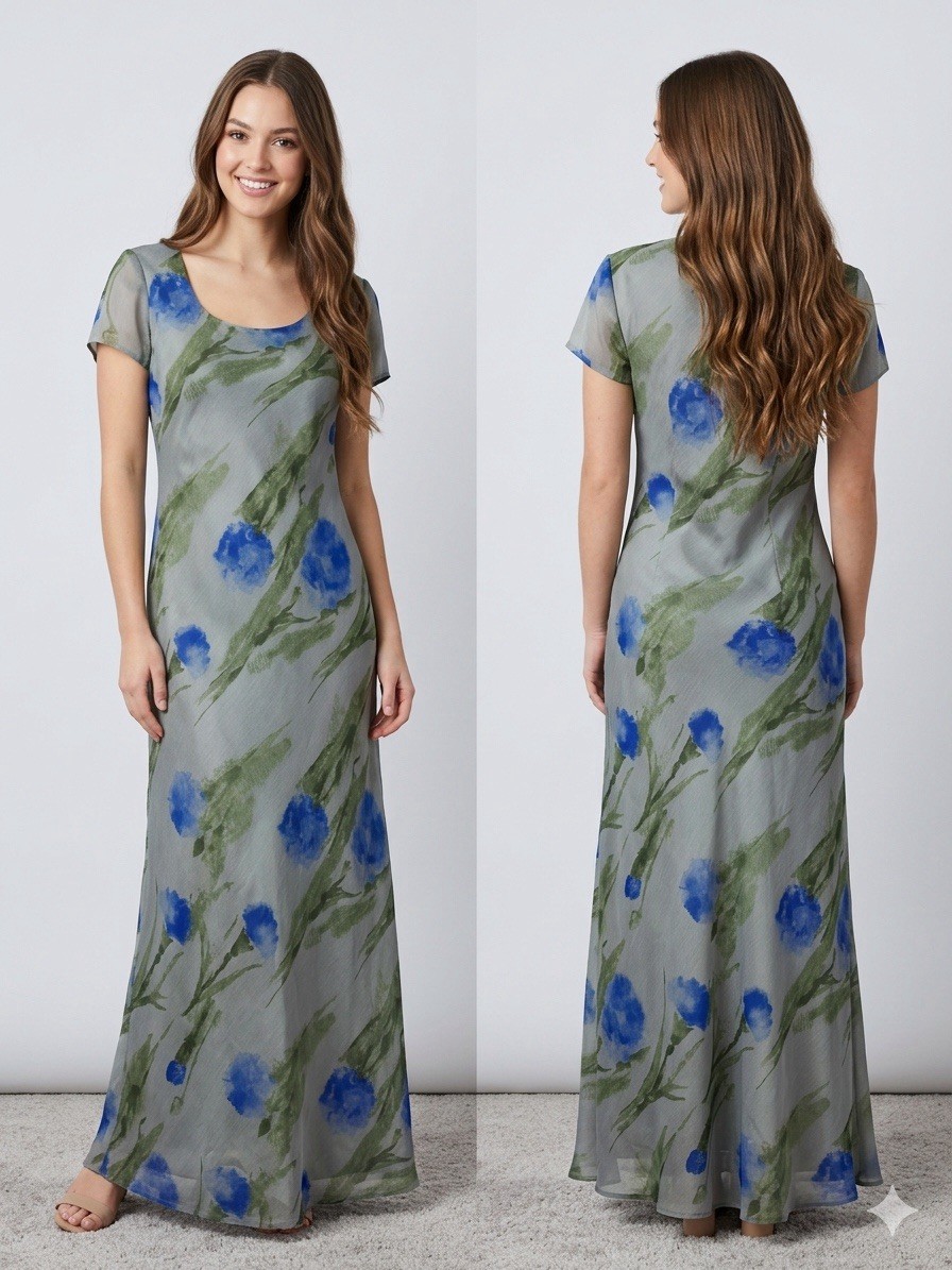 Vintage Jessica Howard Watercolor Floral Gray Silk-Look Maxi Dress Cottagecore