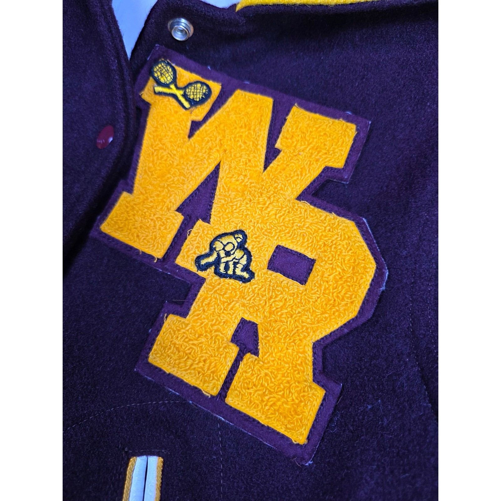 Vintage 80s Wool Cheerleader Letterman Varsity Jacket Maroon Gold Hooded Womens