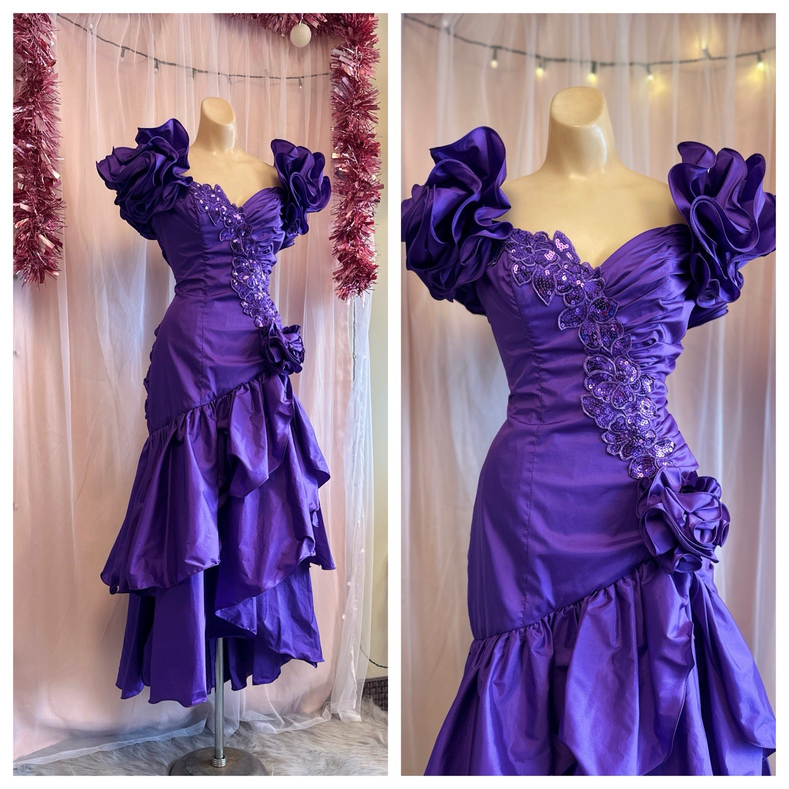 Vintage 80s Formal Prom Party Evening Dress Purple Sequins Poufy Sleeves M