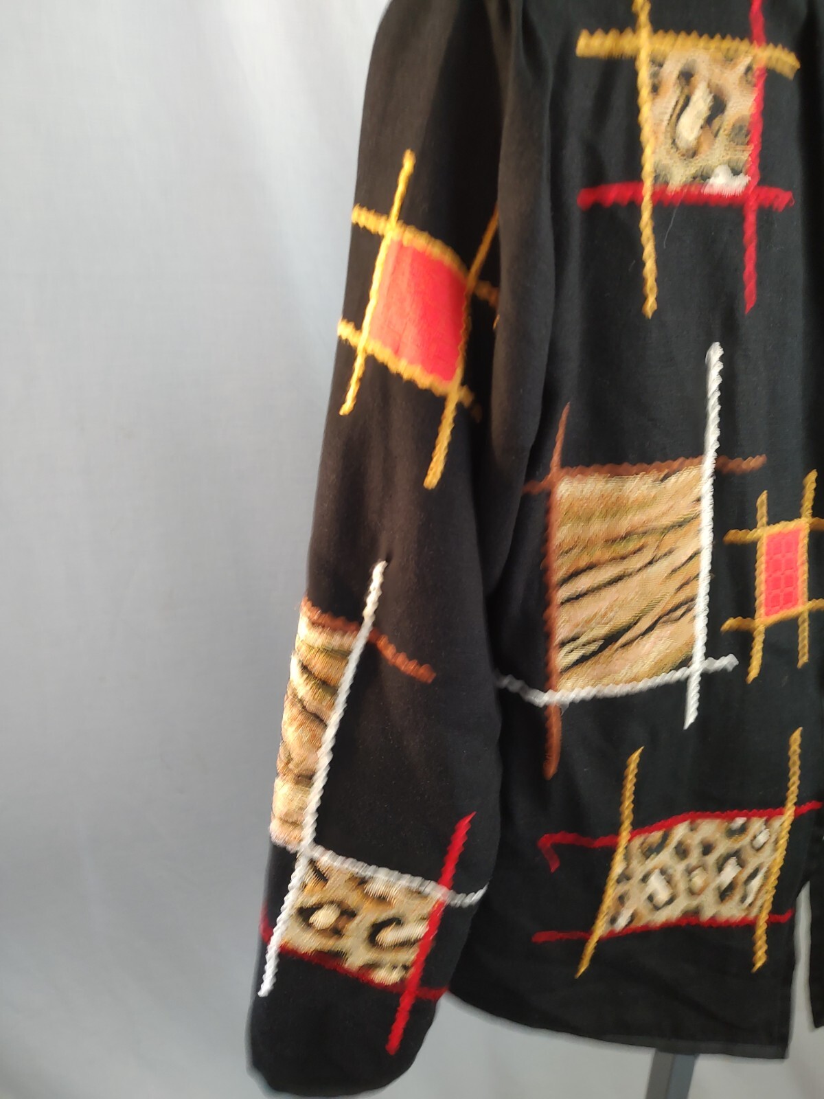 Vintage Alex Kim Patchwork Patches Jacket Medium Black Animal Print Art to Wear