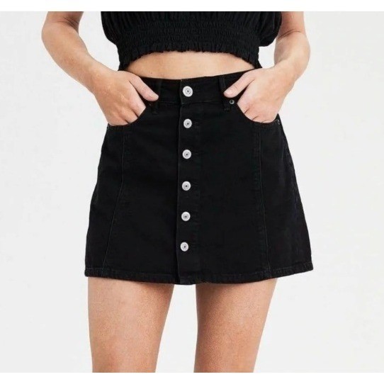 American Eagle Black Denim Button Front Mini Skirt Size 10 | Classic Jean Skirt