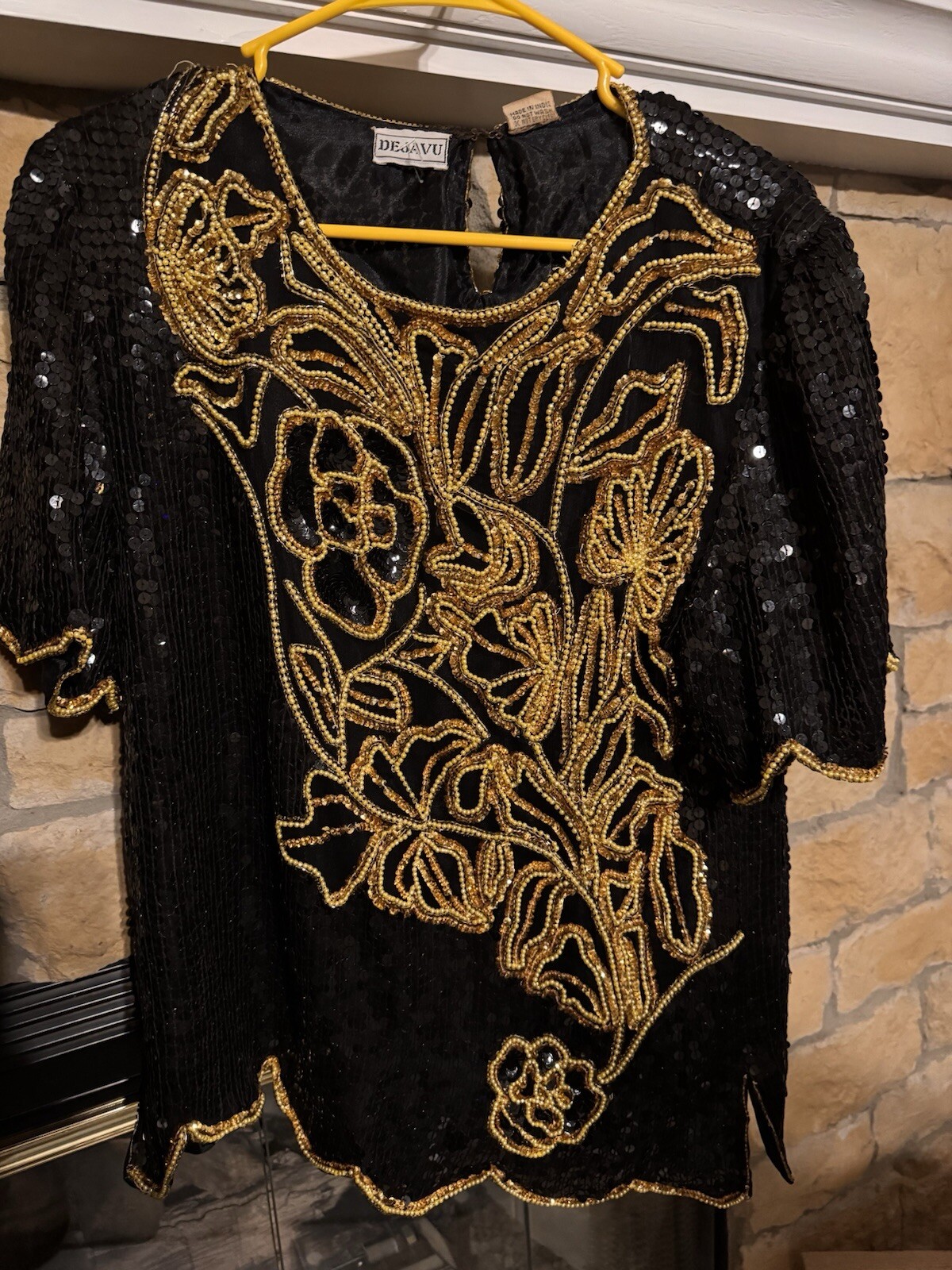 80s DEJAVU Silk Black And Gold Beaded Glam Sequin Top Woman Large