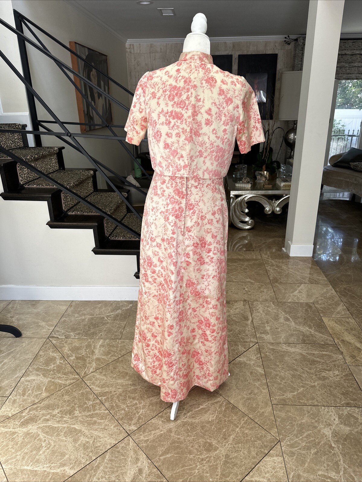 Vintage 60s Cream Satin & Pink Velvet Flocking Evening Gown With Jacket Size 6