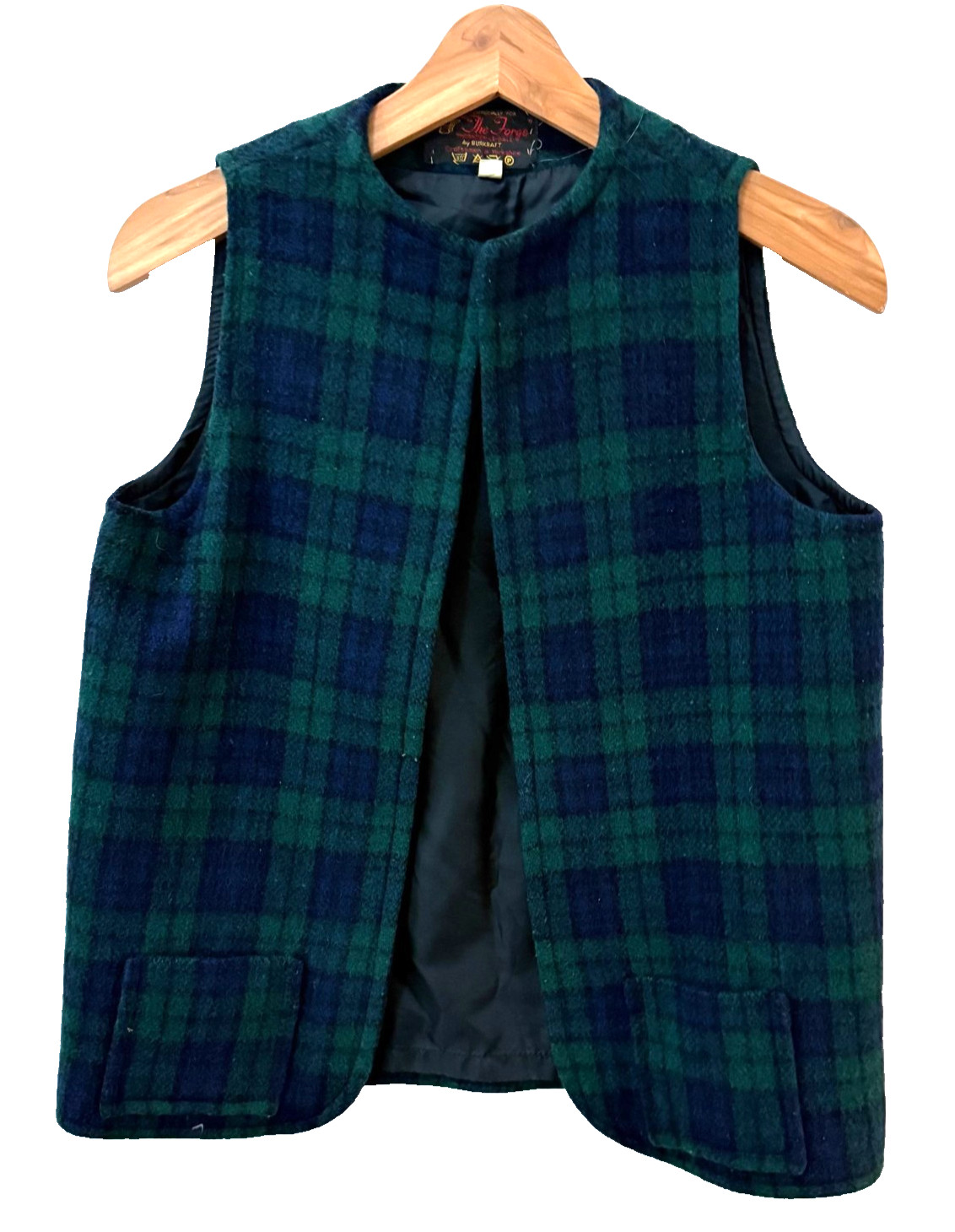 Vtg The Forge Burkraft Wool Vest Green Navy Plaid Tartan Open Front Women’s M