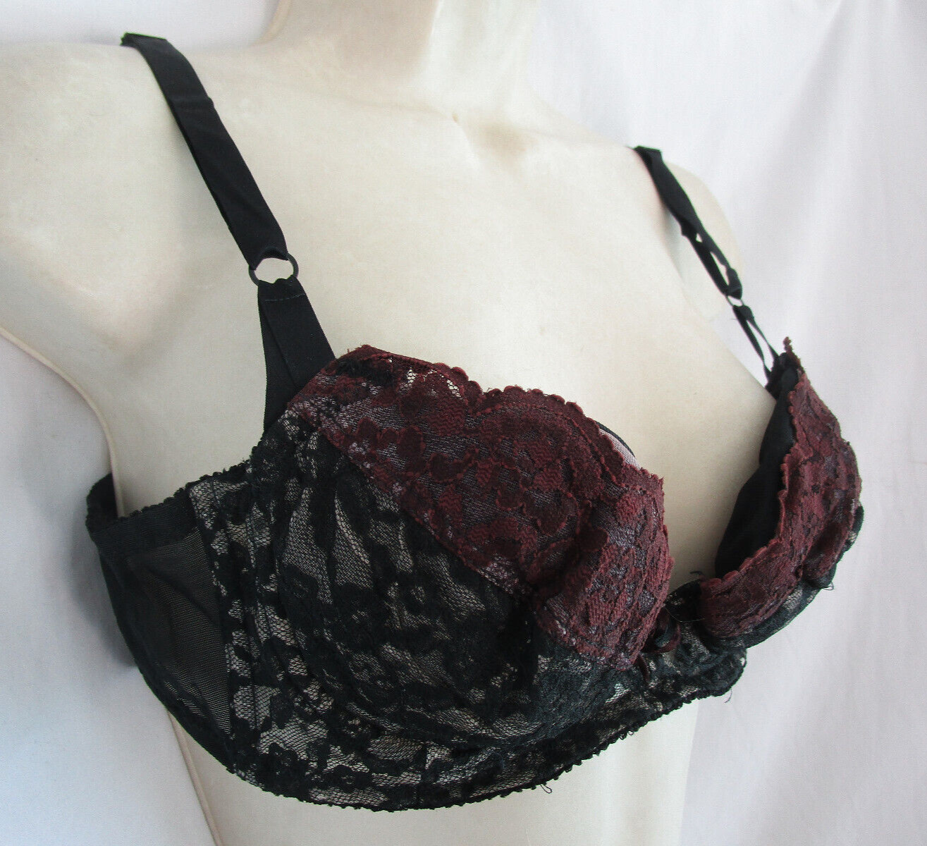 Vtg 70s Penney’s Adonna Pinup Pushup Burlesque Bra Black Wine Lace Padded 34B