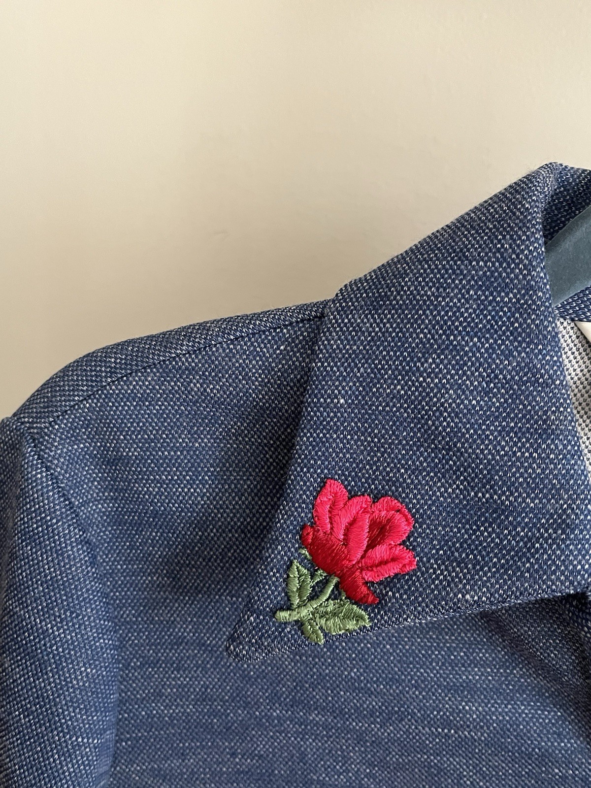 Vintage 70s Sears Fashions Red Roses Patch Button Shirt Polyester Denim Look 12