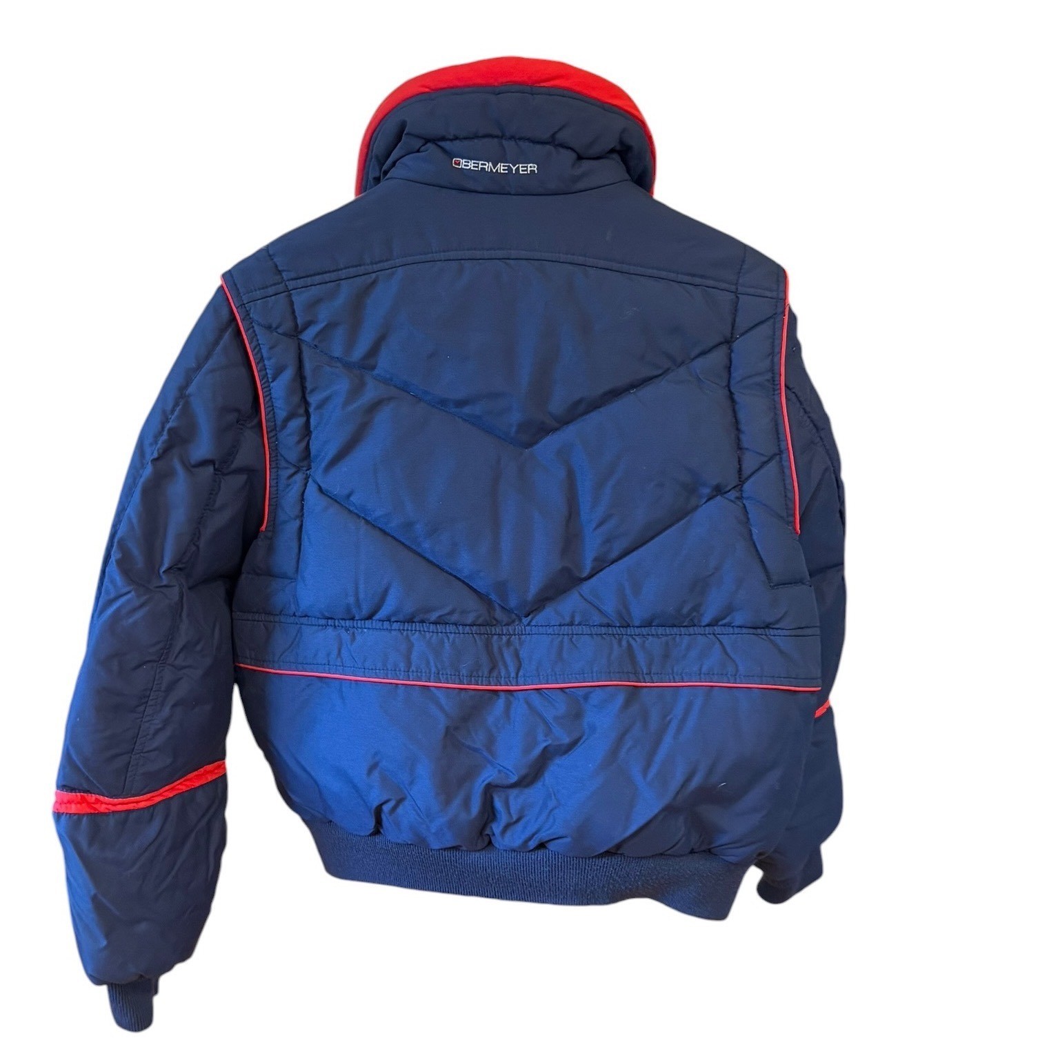 Vtg 80s Obermeyer Panther Down Puffer Ski Jacket Navy Blue Red Womens 14 Preppy