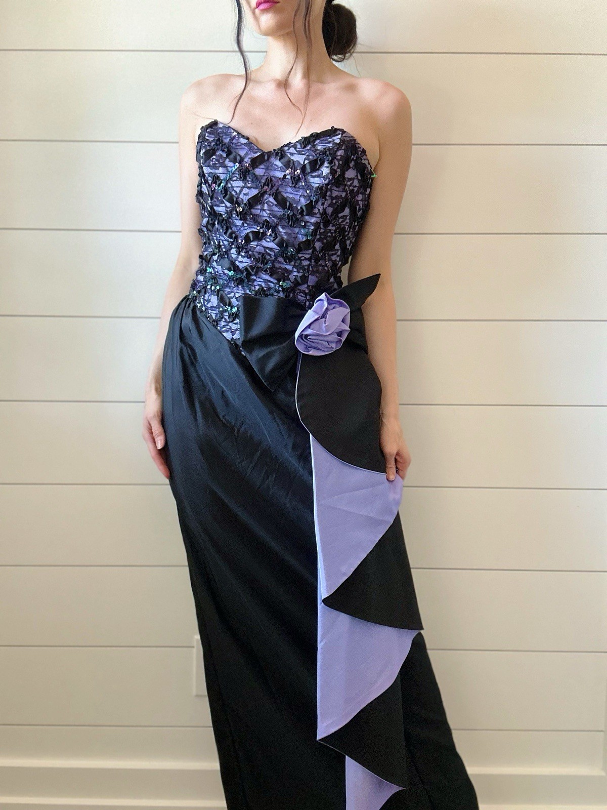 Alfred Angelo 80s Dress Vintage Prom Gothic Ruffled Gown Sequins