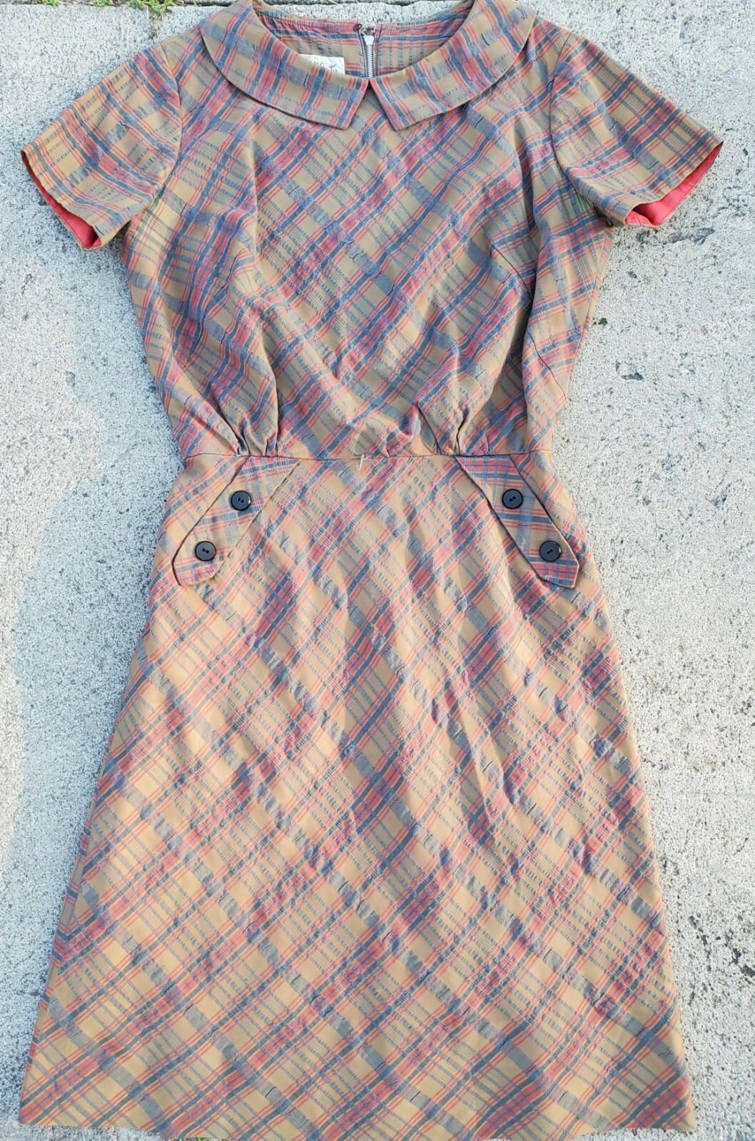 Vintage 50s Justin McCarty Olive Red Plaid Autumnal Dress