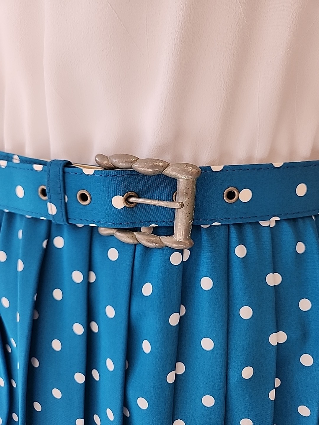 Vintage 80s Leslie Fay Petite Women’s Secretary Pleated Midi Dress Polka Dot 10