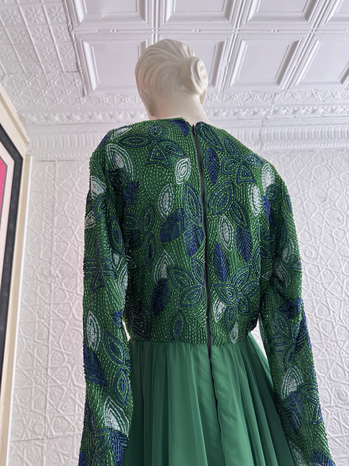 1980s Green Beaded Chiffon Cocktail Dress-Floral-Foliage-Glam-Hollywood-S/M
