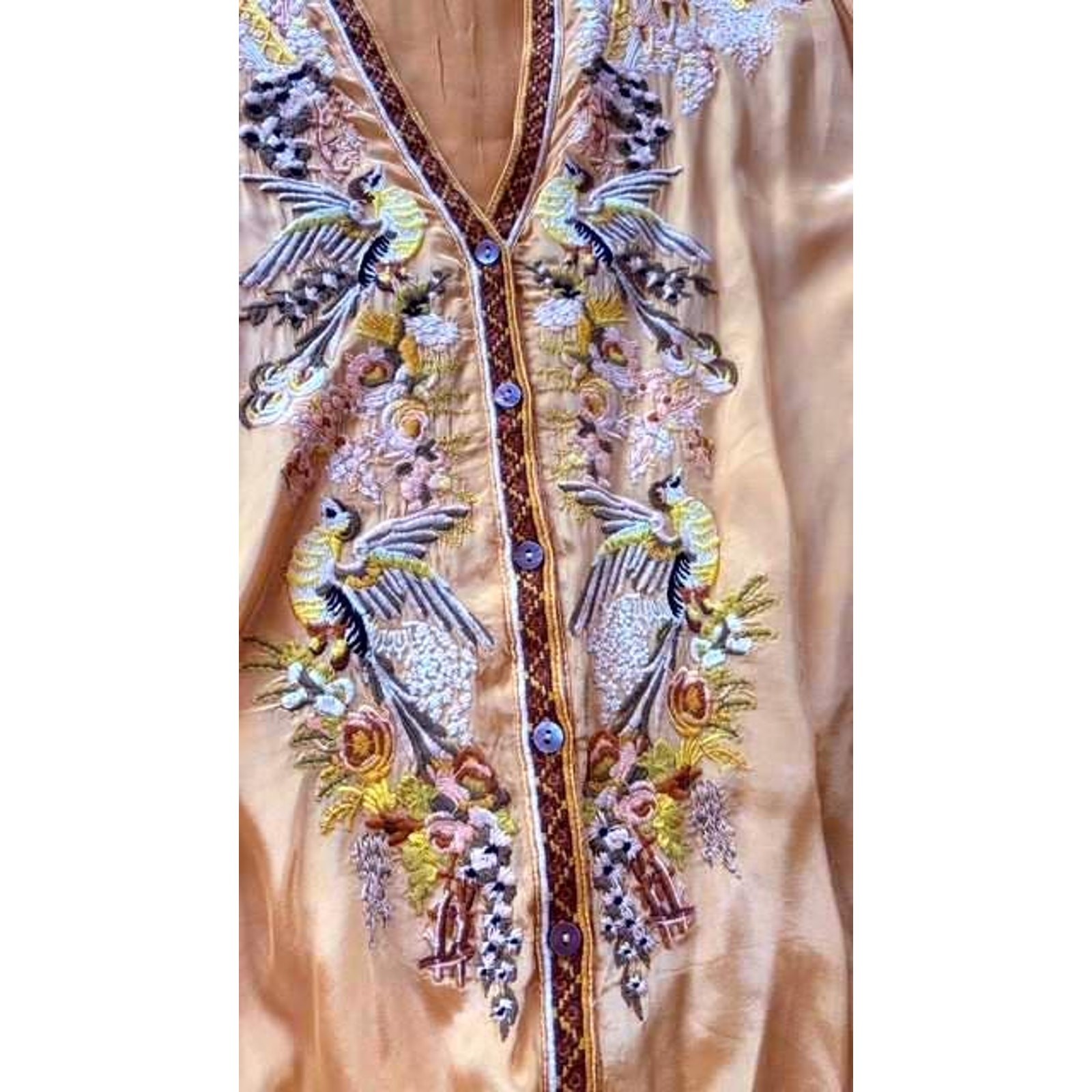 Sundance Embroidered Satin Blouse Medium Gold Champagne Floral Bell Sleeve Boho