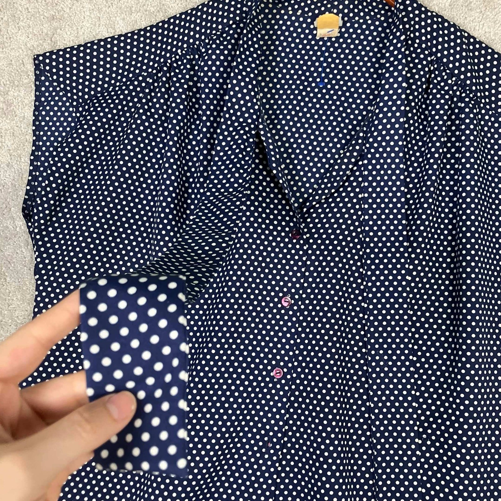 Vintage JCPenney Fashions Navy Blue White Polka Dot Short Sleeve Blouse Size 44