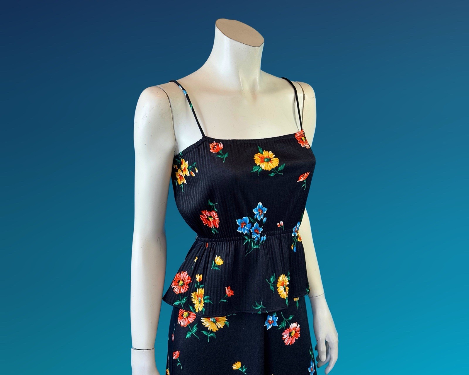 70s Boho Black Floral Print Peplum Maxi Sundress / S XS