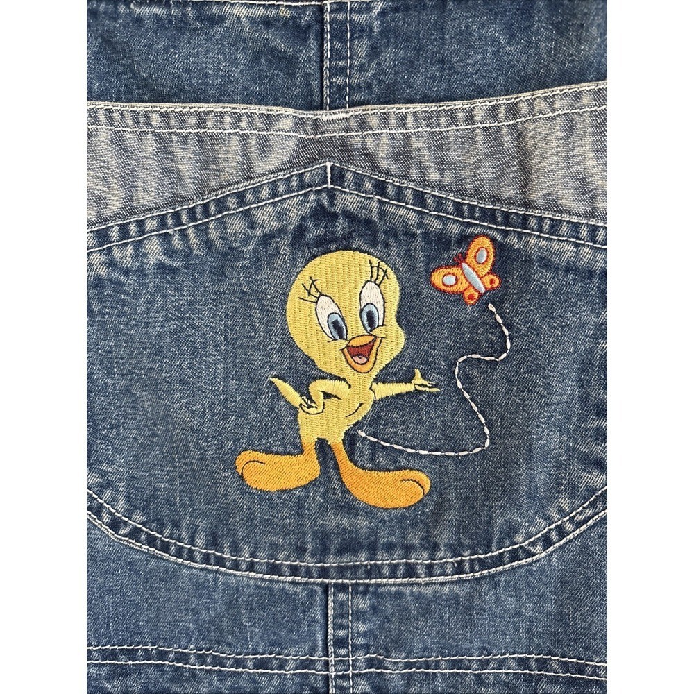 Vintage Looney Tunes Tweety Denim Overall Shorts Embroidered Pockets Blue Medium