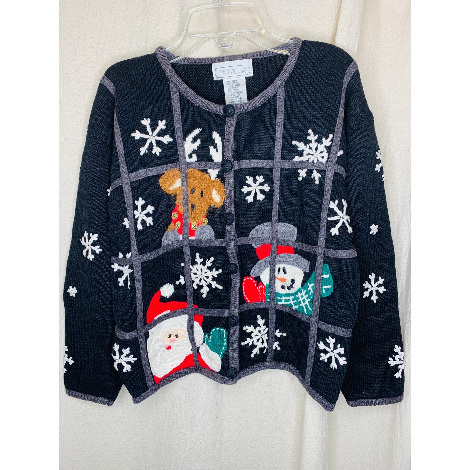 1990s Mandal Bay Christmas Santa Reindeer Scenic Window Pane Kidcore Cardigan S