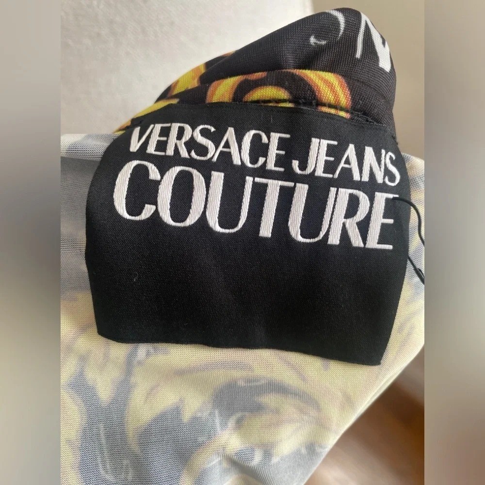 Versace Jeans Couture Logo Print Black and Gold Mini Dress Size 8
